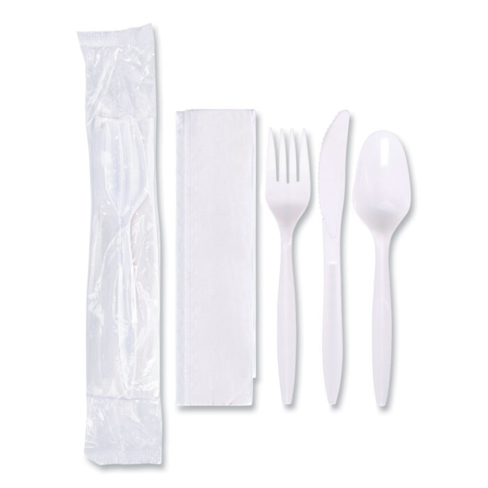 Hoffmaster Economy Cutlery Kit, Fork/Knife/Spoon/Napkin, White, 250/Carton (HFM117799)