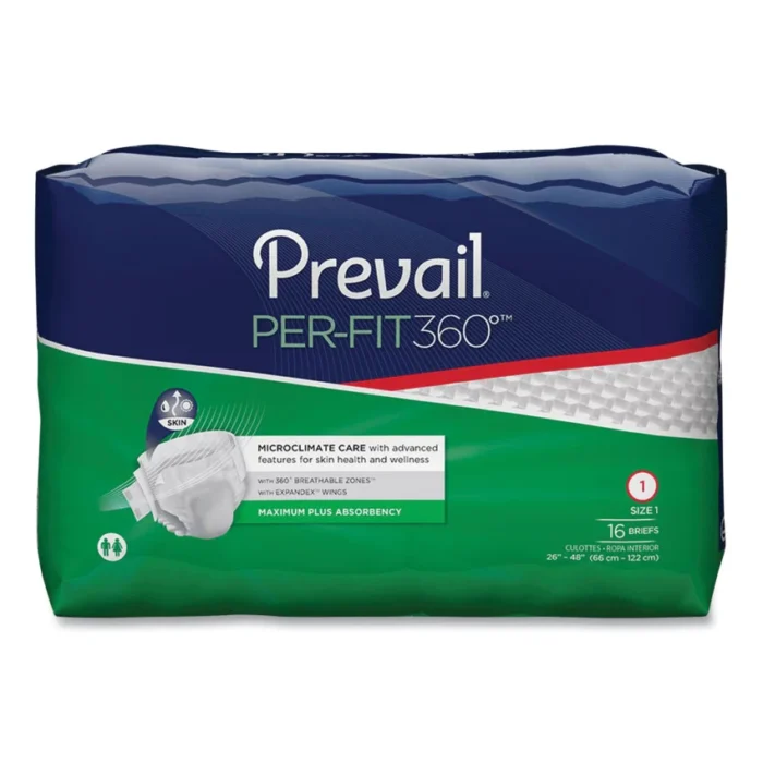 Prevail Per-Fit360 Degree Briefs, Maximum Plus Absorbency, Size 1, 26" to 48" Waist, 96/Carton (PVLPFNG012)