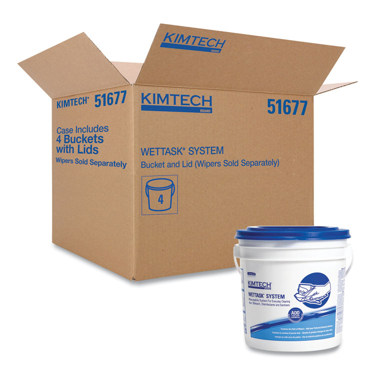 WetTask Customizable Wet Wiping System Bucket is a sturdy, one-gallon container made from durable polyethylene. It gives you better control when using solvents or chemicals, helping reduce waste and improve performance compared to regular buckets or pre-soaked wipes. The bucket works with select Kimtech WetTask wipers (sold separately) and fits 15" x 9" wipes. It comes in white and blue and is for center pull-roll towels. Each carton includes four buckets.