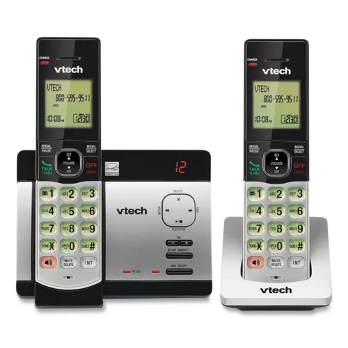 Vtech CS5129-2 Cordless Phone System (Silver/Black) – A simple, cordless phone for the home or office with two handsets. Includes Caller ID, Call Waiting, and a speakerphone for clear two-way talking. Easy to set up with voice guides in English, French, or Spanish. The backlit keypad and screen make it easy to use, even in dim light. Stores up to 30 missed calls and 50 contacts. Add up to five handsets for more coverage. Quiet Mode silences ringers, and the base lights up when you have voicemail. Includes a digital answering system for missed calls. No cords, no hassle.