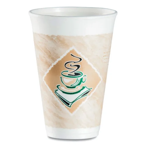 Dart Café G Foam Hot/Cold Cups are 16 oz cups designed with a stylish coffee-themed look, perfect for offices, breakrooms, or cafeterias. They work for hot and cold drinks, with special insulation that keeps beverages at the right temperature and makes the cup easy to hold. The cups feature a flared lip for easy drinking and a smooth, high-gloss finish. A subtle color system helps tell the sizes apart, and each carton includes 1,000 brown, green, and white cups.