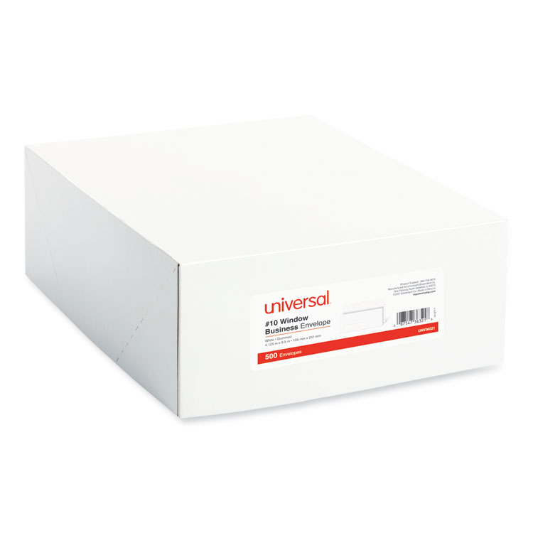 Universal Open-Side Business Envelope, 1 Window, #10, Square Flap, Gummed Closure, 4.13 x 9.5, White, 500/Box (UNV36321)