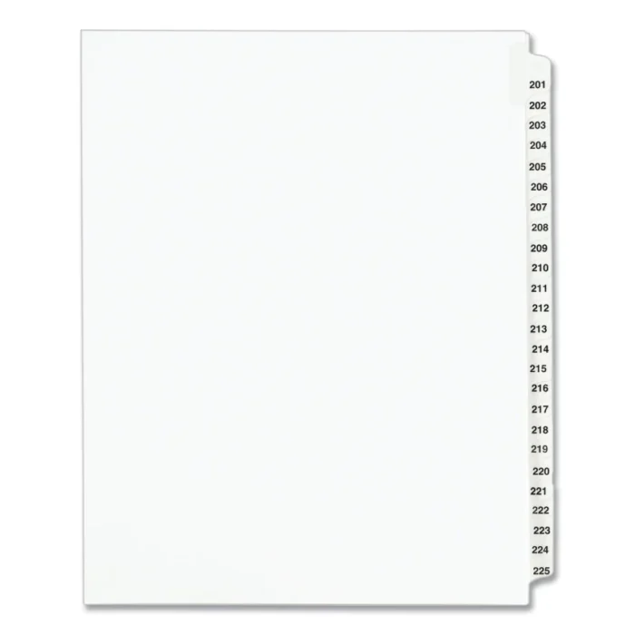Avery Preprinted Legal Exhibit Side Tab Index Dividers, Avery Style, 25-Tab, 201 to 225, 11 x 8.5, White, 1 Set, (1338) (AVE01338)