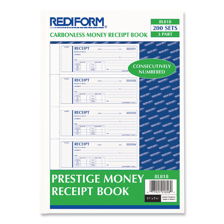 Rediform Money Receipt Book, Hardcover, Three-Part Carbonless, 7 x 2.75, 4 Forms/Sheet, 200 Forms Total (RED8L818)