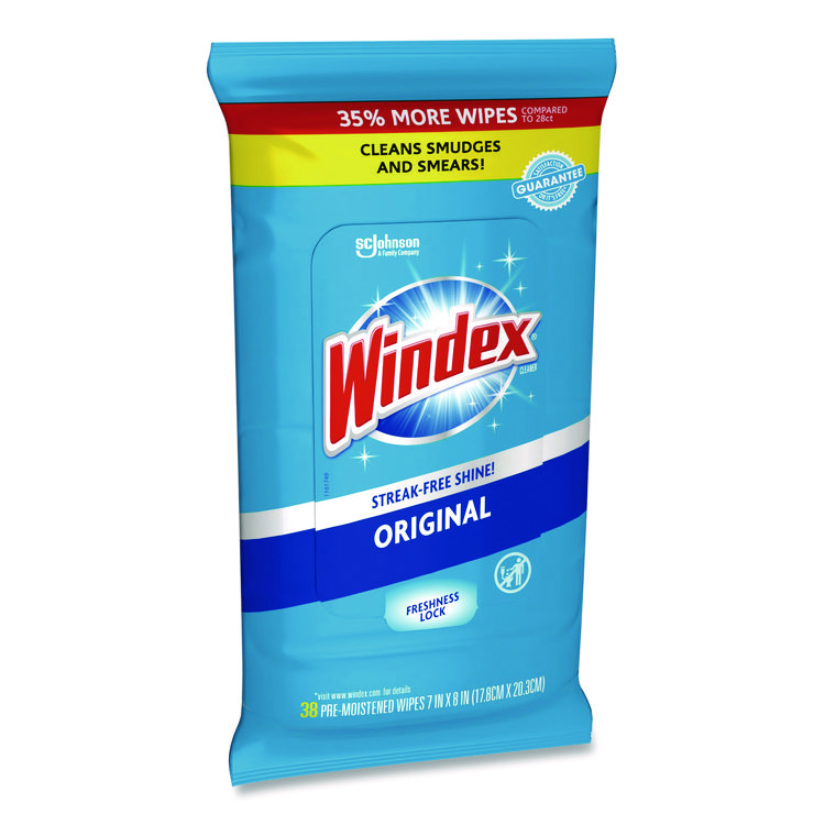 Windex Glass and Surface Wet Wipe, Cloth, 7 x 8, Unscented, White, 38/Pack, 12 Packs/Carton (SJN319251)