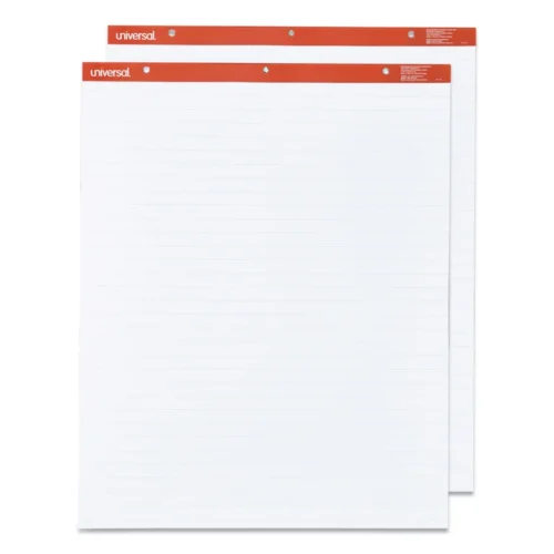 Universal Easel Pads are perfect for presentations, notes, and graphics. The bright white paper provides a clear, high-contrast background for your work. Each pad has macro-perforations, so you can easily tear off one sheet at a time. The sturdy chipboard backer gives you a solid surface to write. The red binding strip is to fit all standard easels, making it simple to set up. Each pad has 50 sheets, and two pads per carton, with top binding for easy use.