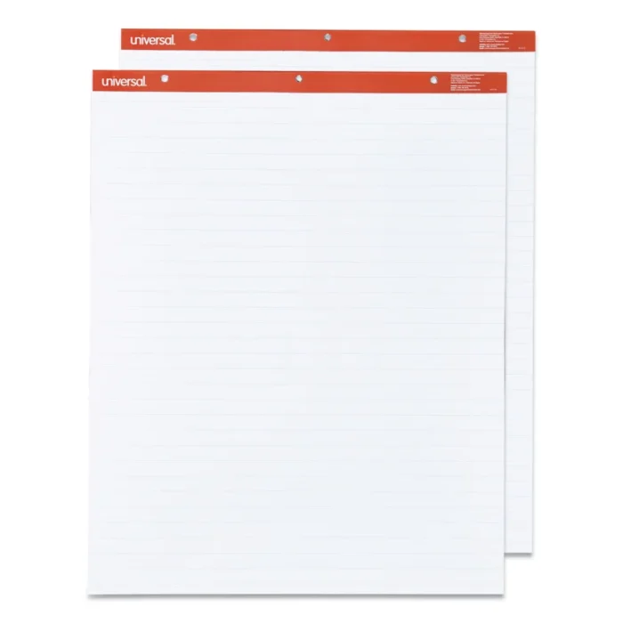 Universal Easel Pads are perfect for presentations, notes, and graphics. The bright white paper provides a clear, high-contrast background for your work. Each pad has macro-perforations, so you can easily tear off one sheet at a time. The sturdy chipboard backer gives you a solid surface to write. The red binding strip is to fit all standard easels, making it simple to set up. Each pad has 50 sheets, and two pads per carton, with top binding for easy use.