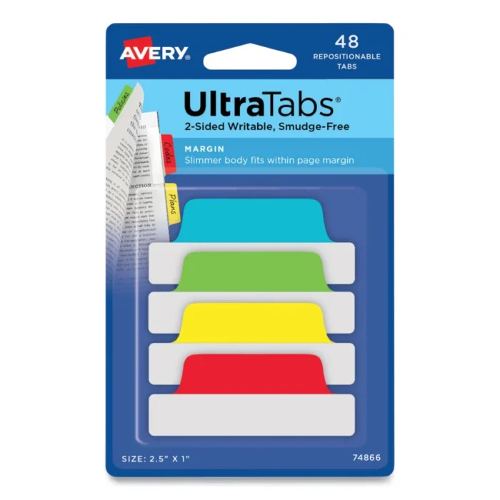 Avery Ultra Tabs Repositionable Tabs, Margin Tabs: 2.5" x 1", 1/5-Cut, Assorted Colors, 48/Pack (AVE74866)
