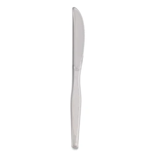 Dixie Heavyweight Polystyrene Knives are durable and robust, constructed of clear polystyrene material. These regular-size knives are stylish and give any atmosphere a more refined appearance. Each case includes 1,000 knives, which is an ideal choice for big gatherings or events. They are tough enough to be used on a daily basis and ideal for serving meals easily.