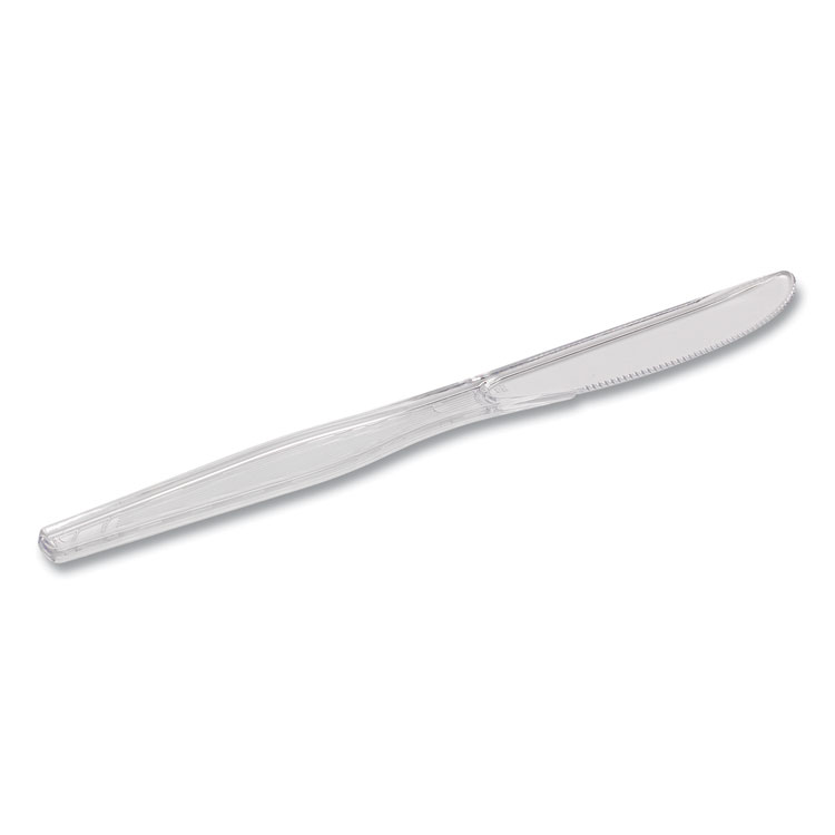 Dixie Heavyweight Polystyrene Knives are durable and robust, constructed of clear polystyrene material. These regular-size knives are stylish and give any atmosphere a more refined appearance. Each case includes 1,000 knives, which is an ideal choice for big gatherings or events. They are tough enough to be used on a daily basis and ideal for serving meals easily.