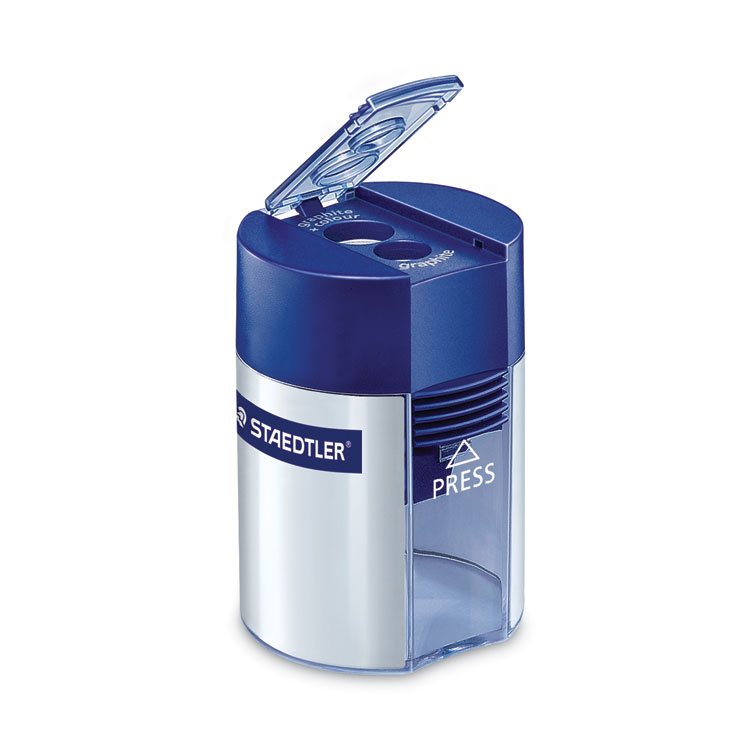 Staedtler Handheld Manual Double-Hole Plastic Sharpener, 1.57 x 1.65 x 2.2, Blue/Silver, 6/Box (STD512001BK)