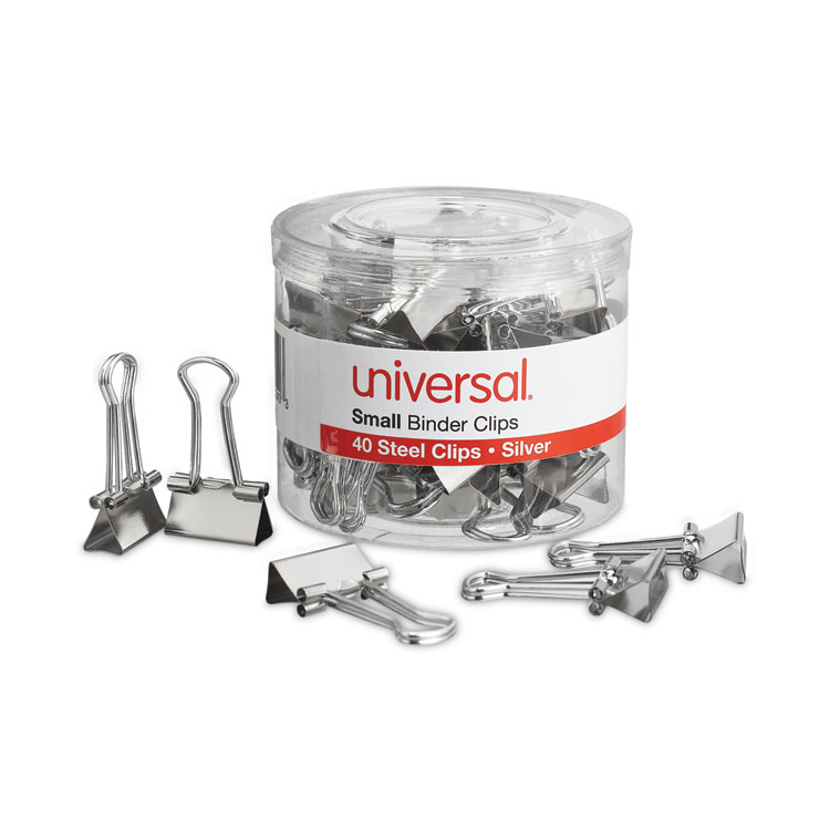 Universal Binder Clips with Storage Tub, Small, Silver, 40/Pack (UNV11240)