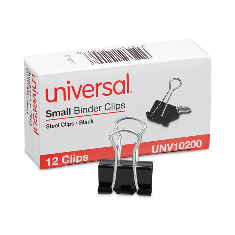 Universal Small Binder Clips come in a box of 12 and feature a black and silver design. These clips are made of strong metal with steel wire, offering great strength and holding power. You can hang and fold the handles against the clipped material or remove them for permanent binding. The triangular shape ensures the clips provide excellent compression, making them reliable for organizing papers or securing materials.