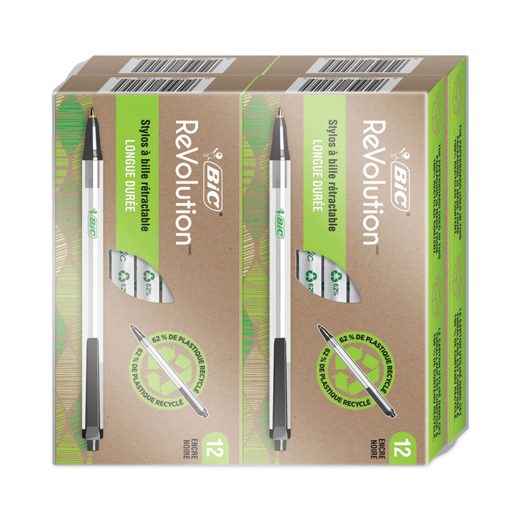 BIC ReVolution Clic Stic Ballpoint Pen, Retractable, Medium 1 mm, Black Ink, Translucent Frost/Black Barrel, 48/Pack (BICCSEM48BK)