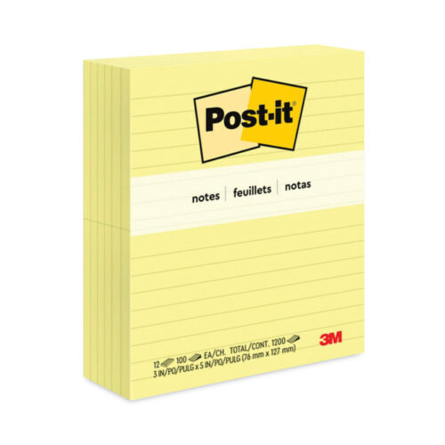Post-it Notes Original Pads in Canary Yellow, Note Ruled, 3" x 5", 100 Sheets/Pad, 12 Pads/Pack (MMM635YW)