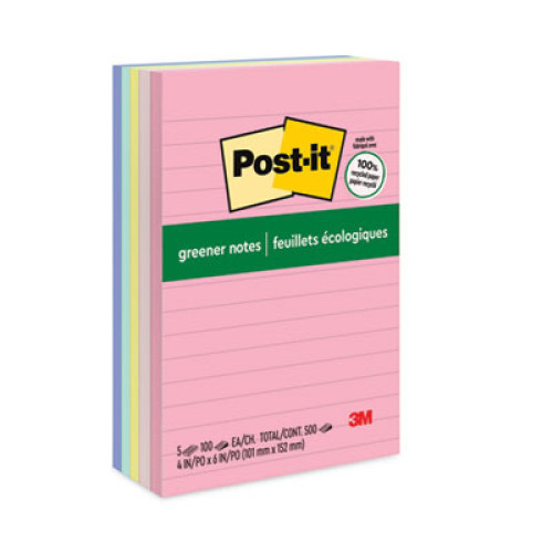 Post-it Original Recycled Note Pads, Note Ruled, 4" x 6", Sweet Sprinkles Collection Colors, 100 Sheets/Pad, 5 Pads/Pack (MMM660RPA)