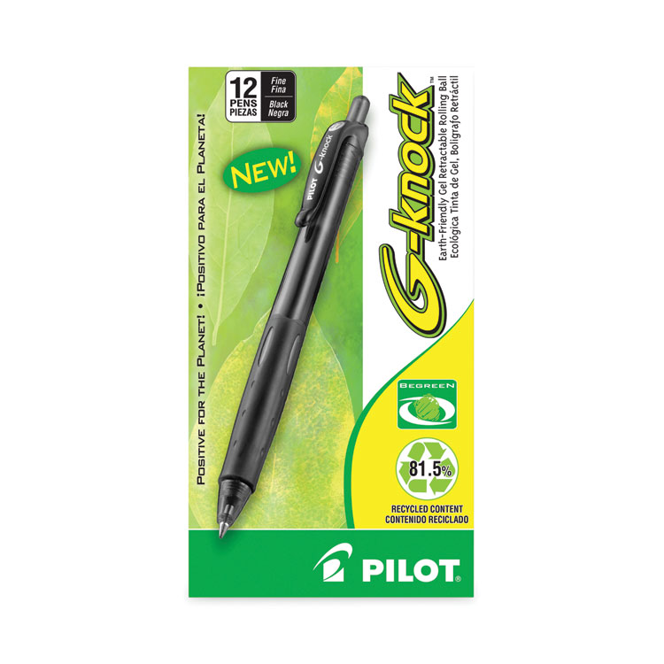 Pilot G-Knock BeGreen Gel Pen, Retractable, Fine 0.7 mm, Black Ink, Smoke/Black Barrel, Dozen (PIL31506)