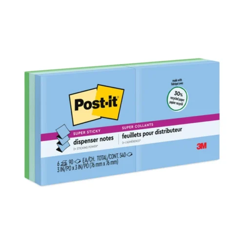 Post-it Recycled Pop-up Notes in Oasis Collection Colors, 3 x 3, 90 Sheets/Pad, 6 Pads/Pack (MMMR3306SST)