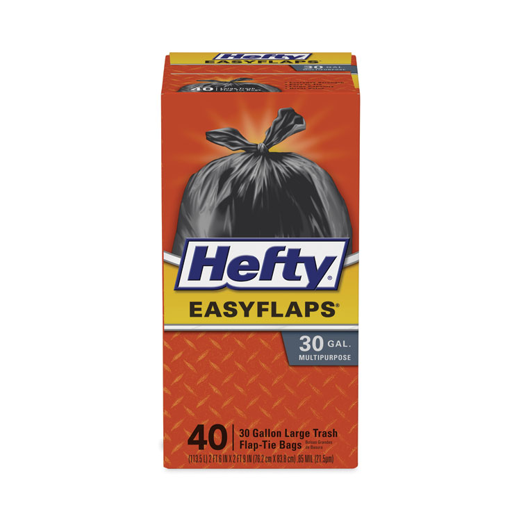 Hefty Easy Flaps Trash Bags, Tie-Flap, 30 gal, 1.05 mil, 30" x 33", Black, 40/Box (RFPE27744)