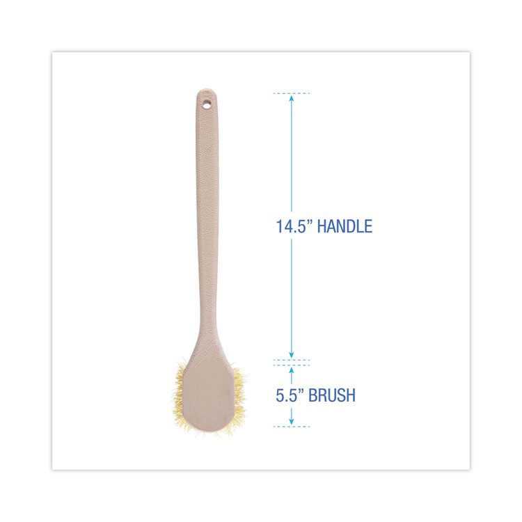 Boardwalk Utility Brush (BWK4320) has stiff, non-scratch cream bristles made of polypropylene for cleaning and polishing without damaging surfaces. The brush head is 5.5 inches long, and the 14.5-inch tan plastic handle has finger grips for comfort and a hole to hang it up. Great for tough scrubbing jobs.