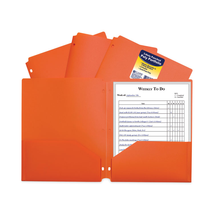 C-Line Two-Pocket Heavyweight Poly Portfolio Folder, 3-Hole Punch, 11 x 8.5, Orange, 25/Box (CLI33932BX)