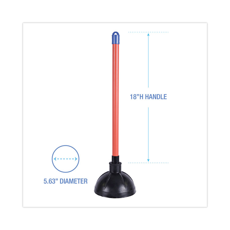 Boardwalk Toilet Plunger, 18" Plastic Handle, 5.63" dia, Red/Black, 6/Carton (BWK09201)