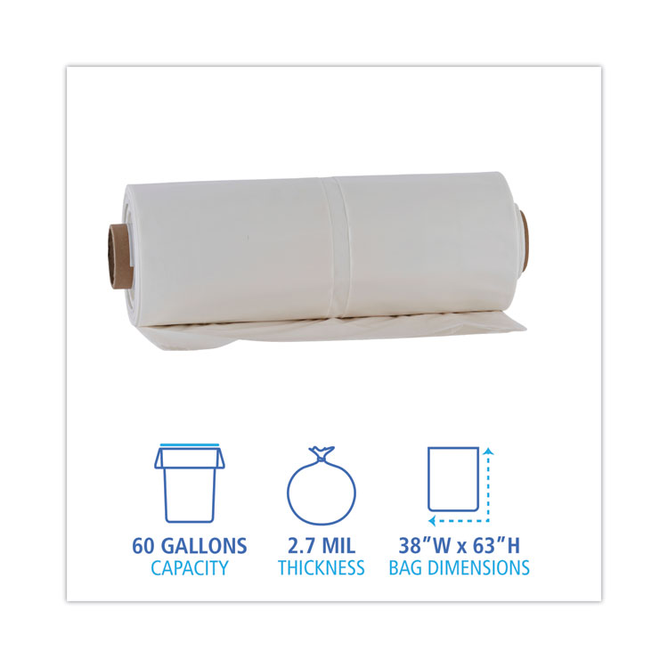 Boardwalk Industrial Drum Liners Rolls, 60 gal, 2.7 mil, 38" x 63", Clear, 50/Carton (BWKD38634CL)