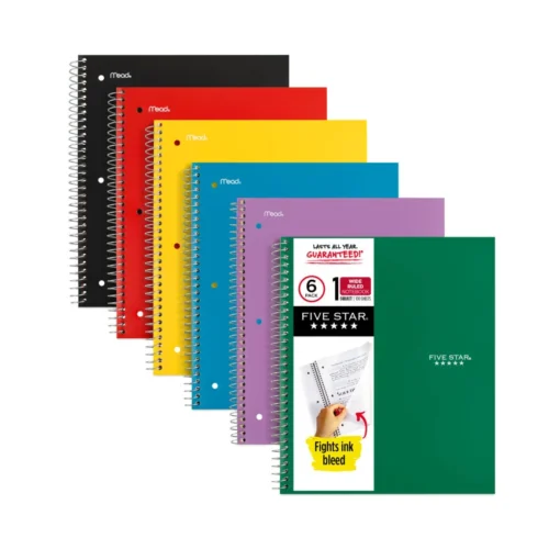 Five Star Wirebound Notebook, 1-Subject, Wide/Legal Rule, Assorted Cover Colors, (100) 10.5 x 8 Sheets, 6/Pack (MEA38042)