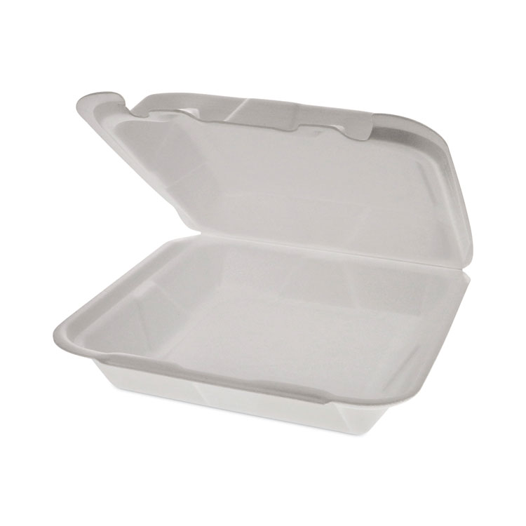 Pactiv Evergreen Foam Hinged Lid Container, Dual Tab Lock Happy Face, 8 x 7.75 x 2.25, White, 200/Carton (PCTYHD18SS00200)