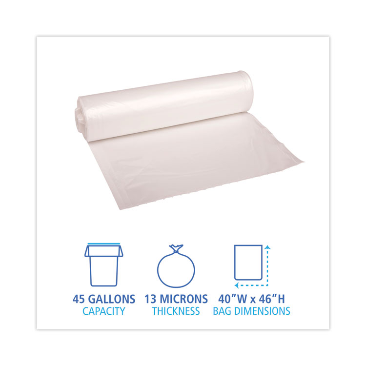 Boardwalk High-Density Can Liners are strong, durable trash bags made from 100% prime resin for extra strength. These 45-gallon liners have a star-seal bottom to prevent leaks and make removal easy. The perforated rolls are coreless, making them simple to use and great for on-the-go dispensing. Ideal for light-duty waste collection, they come in a natural color with 25 bags per roll and 10 rolls per carton. Perfect for commercial use.