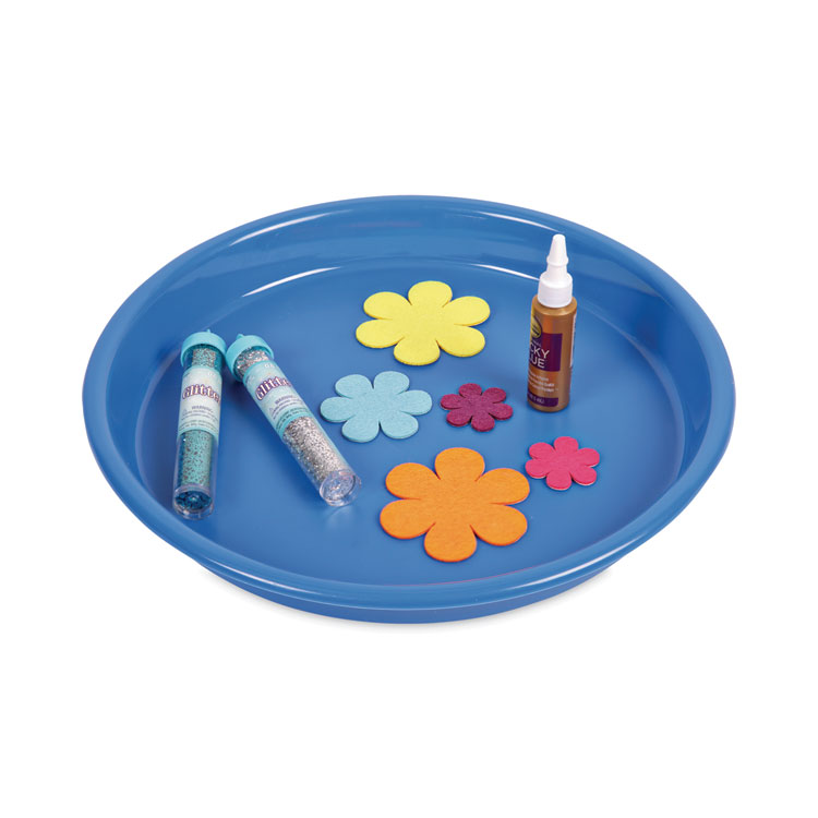 The deflecto Little Artist's Craft Tray is a 13-inch blue tray that helps organize small craft supplies. It has a deep center to keep items from rolling away and is made with special technology to stop odors, mold, and mildew. It’s perfect for keeping your craft area clean and tidy.