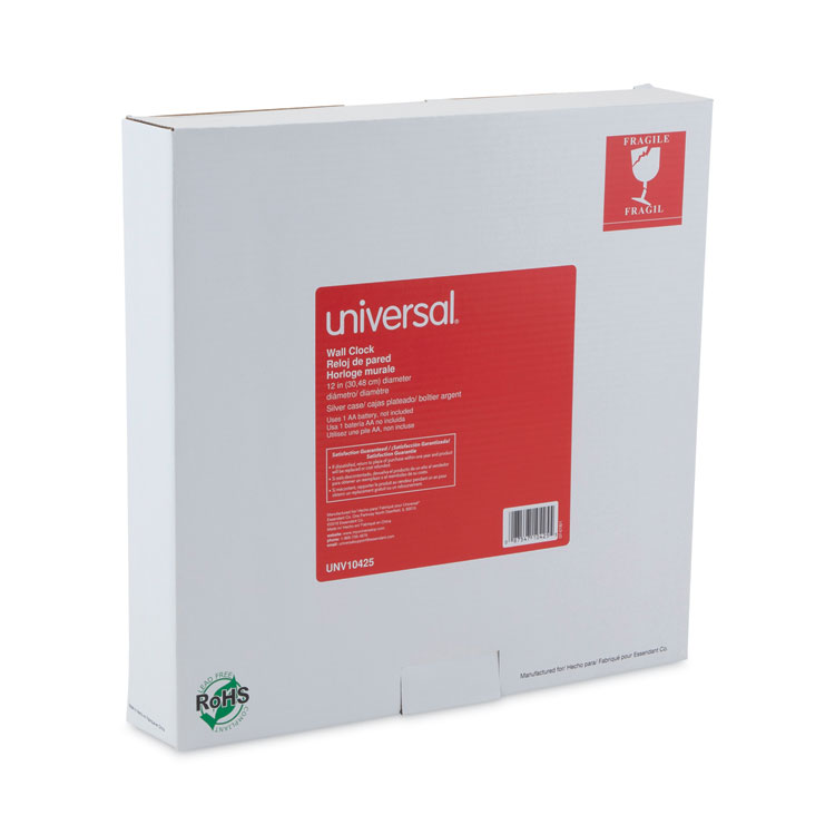 Universal Brushed Aluminum Wall Clock, 12" Overall Diameter, Silver Case, 1 AA (sold separately) (UNV10425)
