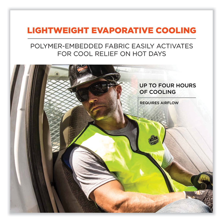 Ergodyne Chill-Its 6665 Cooling Vest is a lightweight vest that cools you down in hot weather. Soak it in water, wring it out, and wear it over a T-shirt; it uses special fabric to stay cool as water evaporates (like sweat). It has a durable nylon outside, mesh sides for airflow, and a water-resistant lining (it might feel slightly damp). Medium fits chests 36"–38". Perfect for staying cool on scorching days.