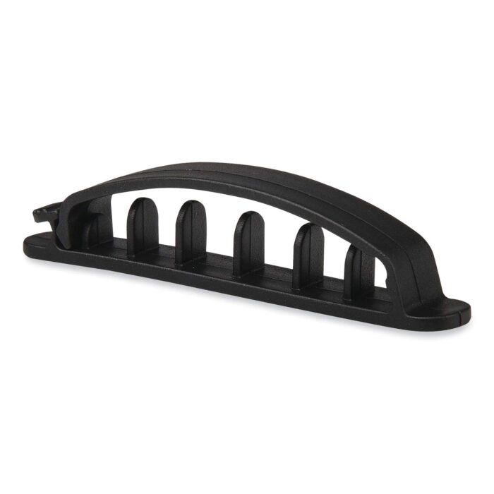 Five Channel Cable Holder helps keep your cables neat and organized with five separate slots for individual cables. Easy to open and close, giving you quick access when you need to charge your devices. There is plenty of space to fit cables of different sizes, and it comes in a pack of three in black color. Each holder measures 0.75" x 3.35".
