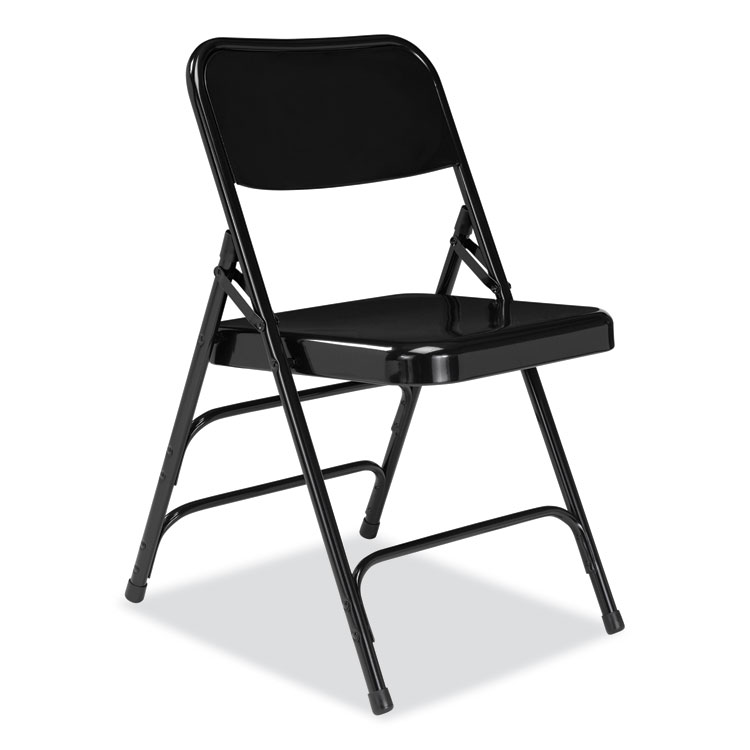 NPS 300 Series folding chair is made of strong steel and can hold up to 480 pounds. It has extra braces for support and a comfortable seat with a rounded front edge. The backrest is shaped to fit your back and has smooth safety edges. The chair has sturdy legs with special plugs to keep it stable and protect the floor. It comes in black and is best for breakrooms, classrooms, meetings, or lounges. This pack includes 4 chairs.