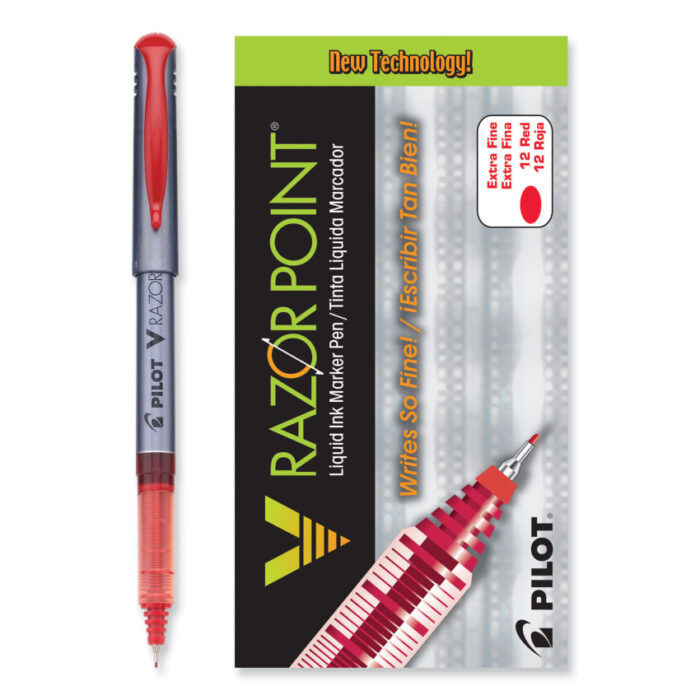 Pilot V Razor Point Liquid Ink Porous Point Pen, Stick, Extra-Fine 0.5 mm, Red Ink, Gray/Translucent Red Barrel, Dozen (PIL11022)