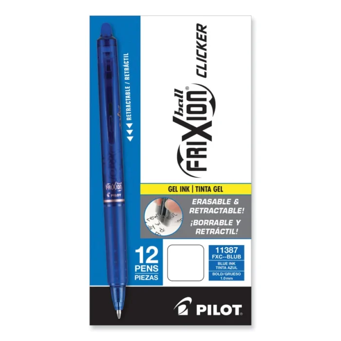 Pilot FriXion Clicker Erasable Gel Pen, Retractable, Bold 1 mm, Blue Ink, Blue Barrel, Dozen (PIL11387)