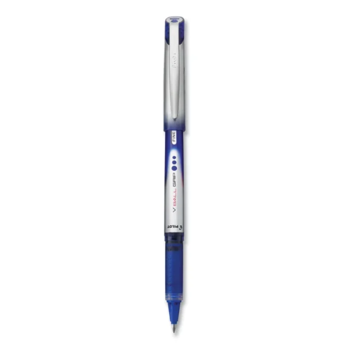 Pilot VBall Grip Liquid Ink Roller Ball Pen, Stick, Fine 0.7 mm, Blue Ink, Blue/Silver Barrel, Dozen (PIL35571)