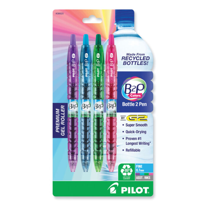 Pilot B2P Bottle-2-Pen Recycled Gel Pen, Retractable, Fine 0.7 mm, Assorted Ink and Barrel Colors, 4/Pack (PIL36620)
