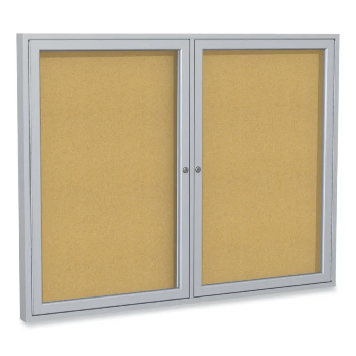 Ghent 2 Door Enclosed Natural Cork Bulletin Board with Satin Aluminum Frame, 60 x 48, Tan Surface (GHEPA24860K)
