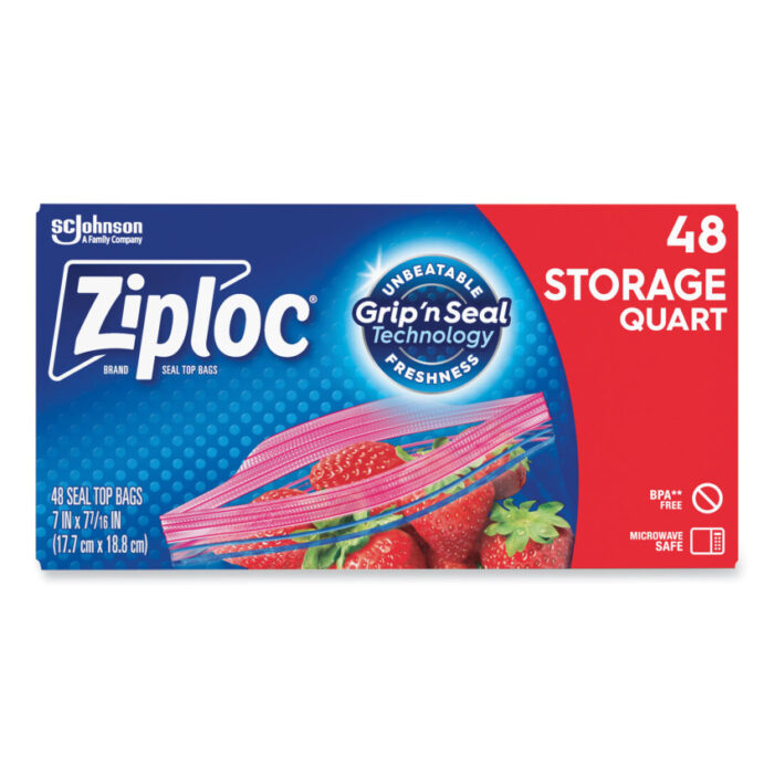 Ziploc Double Zipper Storage Bags, Triple System Seal, Quart, 9.63" x 8.5", Clear, 9/Carton (SJN314469)
