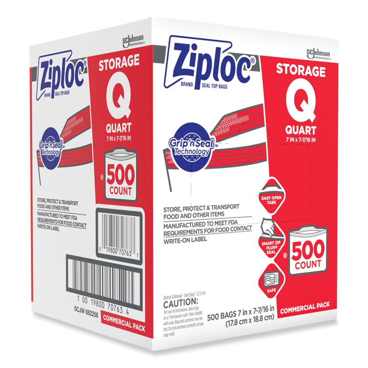 Ziploc Double Zipper Storage Bags, Quart, 7" x 7.75", Clear, 500/Box (SJN682256)