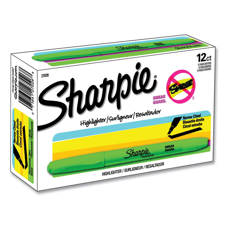Sharpie Pocket Style Highlighters, Fluorescent Green Ink, Chisel Tip, Green Barrel, Dozen (SAN27026)
