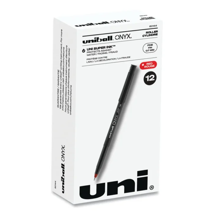 uniball ONYX Roller Ball Pen, Stick, Fine 0.7 mm, Red Ink, Black/Red Barrel, Dozen (UBC60144)