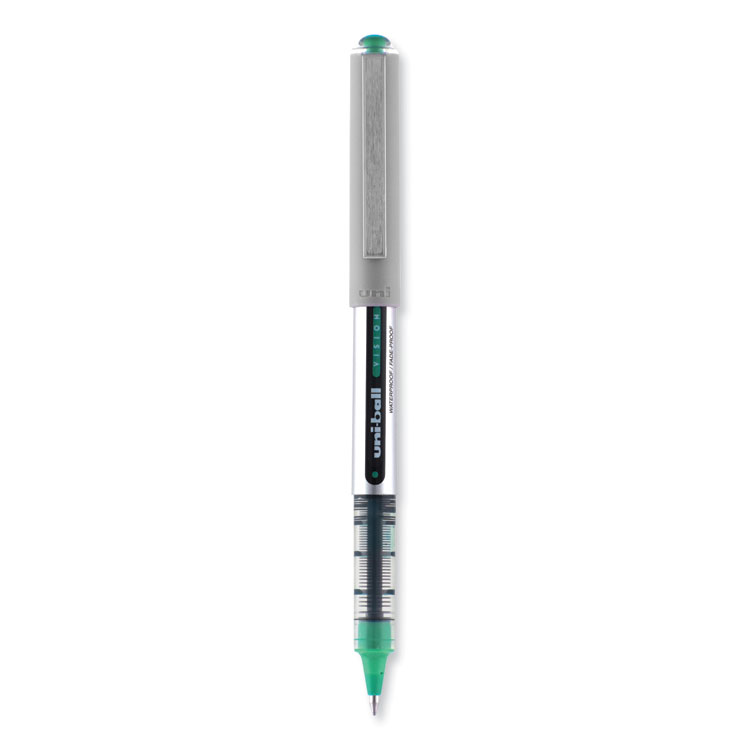 uniball VISION Roller Ball Pen, Stick, Fine 0.7 mm, Green Ink, Silver/Green/Clear Barrel, Dozen (UBC60386)