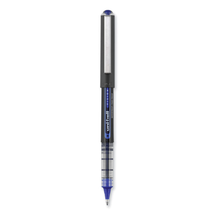 uniball VISION Roller Ball Pen, Stick, Bold 1 mm, Blue Ink, Black/Blue/Clear Barrel, Dozen (UBC70129)