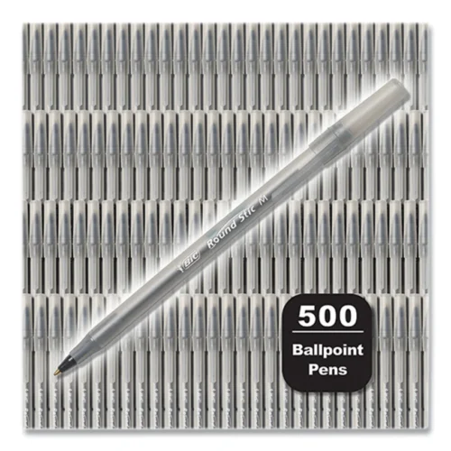BIC Round Stic Xtra Life Ballpoint Pen, Stick, Medium 1 mm, Black Ink, Translucent Black Barrel, 500/Pack (BICGSM500EBLK)