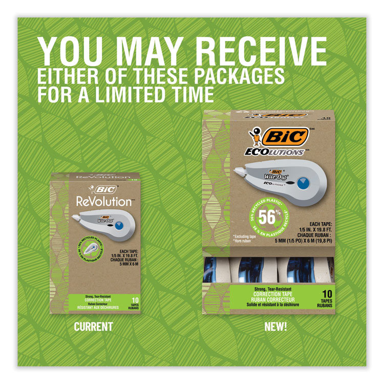 BIC Wite-Out Brand Ecolutions Correction Tape, Non-Refillable, White, 0.2" x 19.8 ft, 10/Pack (BICWOET10WHI)