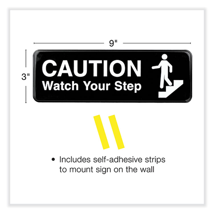 Excello Global Products Caution Watch Your Step Indoor/Outdoor Wall Sign, 9" x 3", Black Face, White Graphics, 3/Pack (EXOHD0268S)