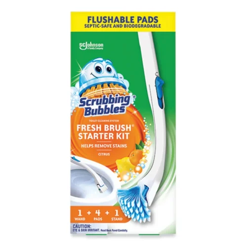 "Scrubbing Bubbles Fresh Brush Toilet Cleaning System Starter Kit (SJN301822) makes toilet cleaning quick and easy. It comes with a 19-inch white handle, four flushable cleaning pads, and a stand to keep everything neat. Just attach a pad to the handle, scrub the bowl, and flush the dirty pad away—no mess, no fuss. It’s the only toilet cleaning system with pads you can flush, giving you a simple, convenient way to keep your toilet fresh and clean. "